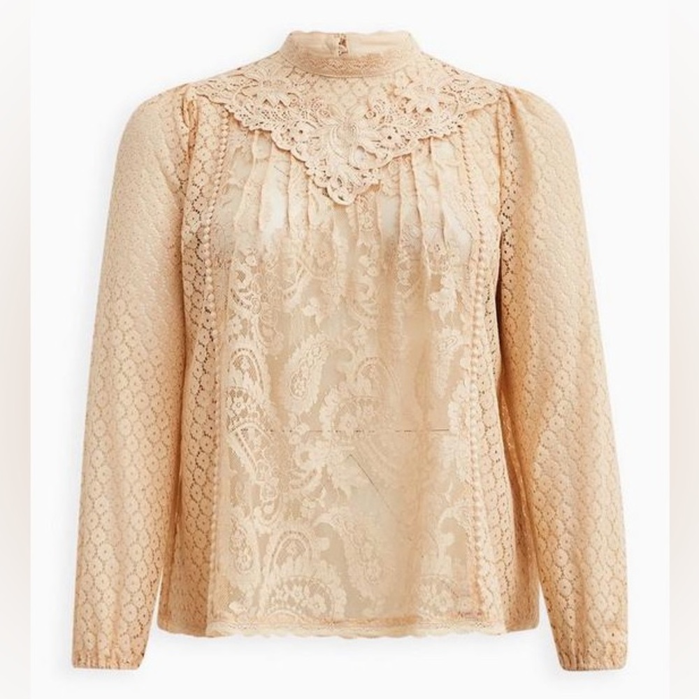 Torrid Mixed Lace High Neck Eyelet Top L Cream Long Sleeve